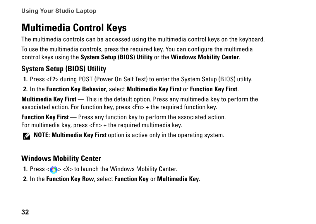 Dell P03G setup guide Multimedia Control Keys, System Setup Bios Utility, Windows Mobility Center 