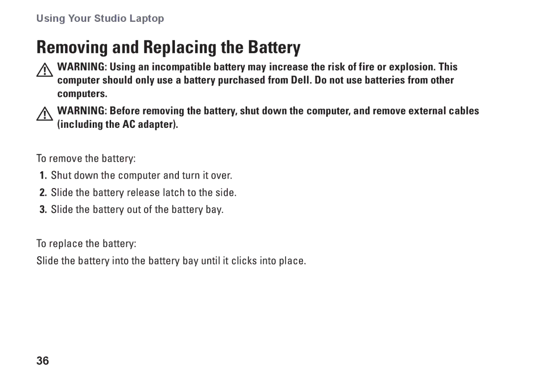 Dell P03G setup guide Removing and Replacing the Battery 