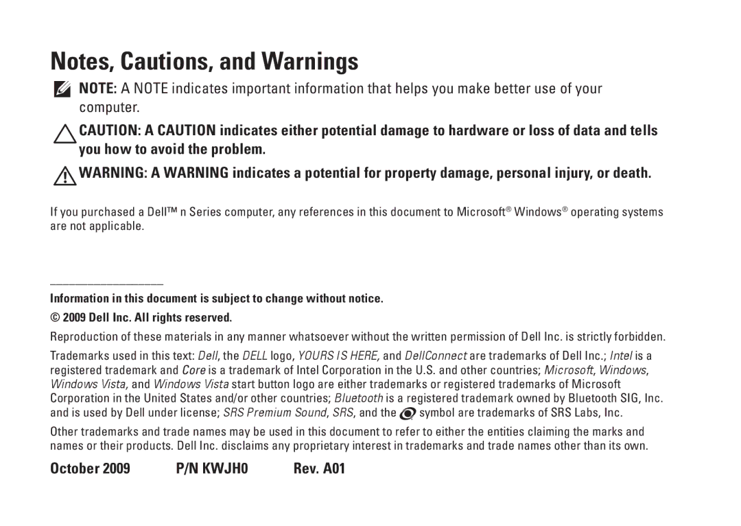 Dell P03G setup guide October 2009 P/N KWJH0 Rev. A01 