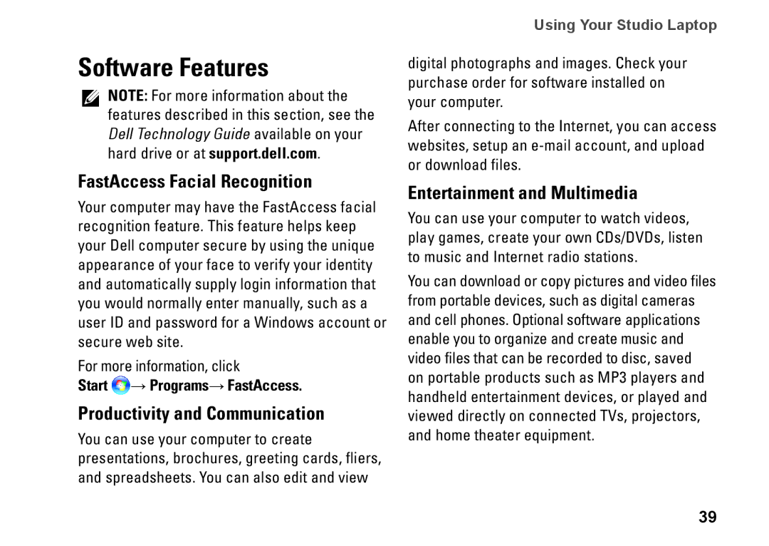 Dell P03G Software Features, FastAccess Facial Recognition, Productivity and Communication, Entertainment and Multimedia 