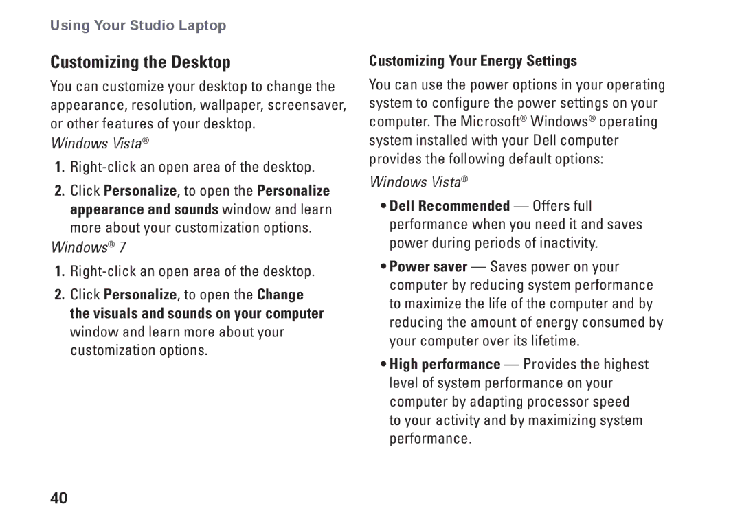 Dell P03G setup guide Customizing the Desktop, Customizing Your Energy Settings 