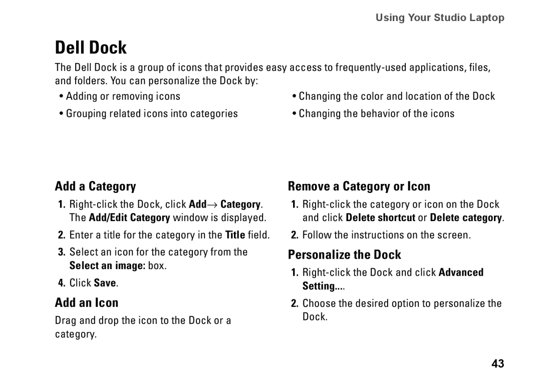 Dell P03G setup guide Dell Dock, Add a Category, Add an Icon, Remove a Category or Icon, Personalize the Dock 