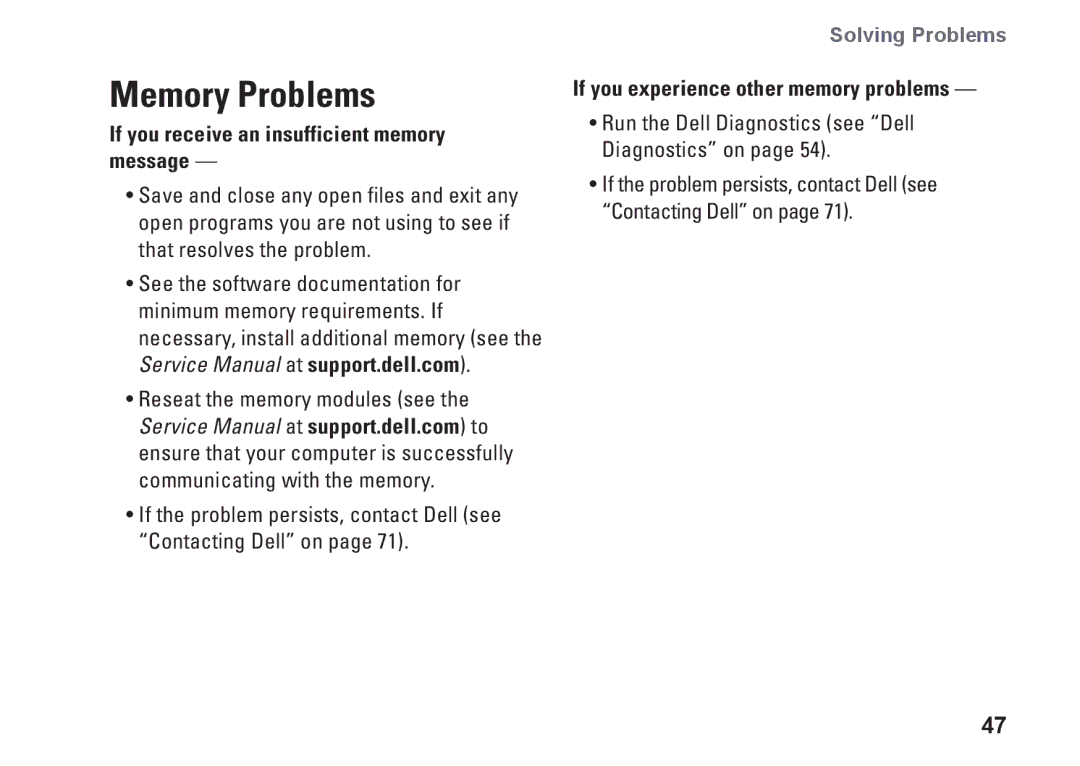 Dell P03G Memory Problems, If you receive an insufficient memory message, If you experience other memory problems 