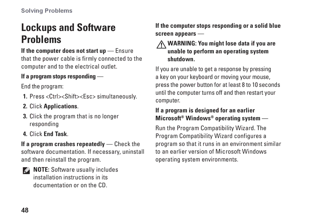 Dell P03G setup guide If a program stops responding, Click Applications, Click End Task 