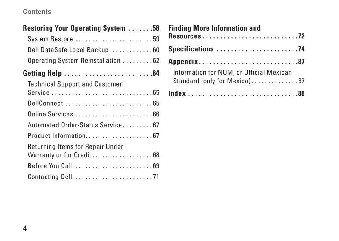 Dell P03G setup guide Finding More Information Resources Specifications Appendix 