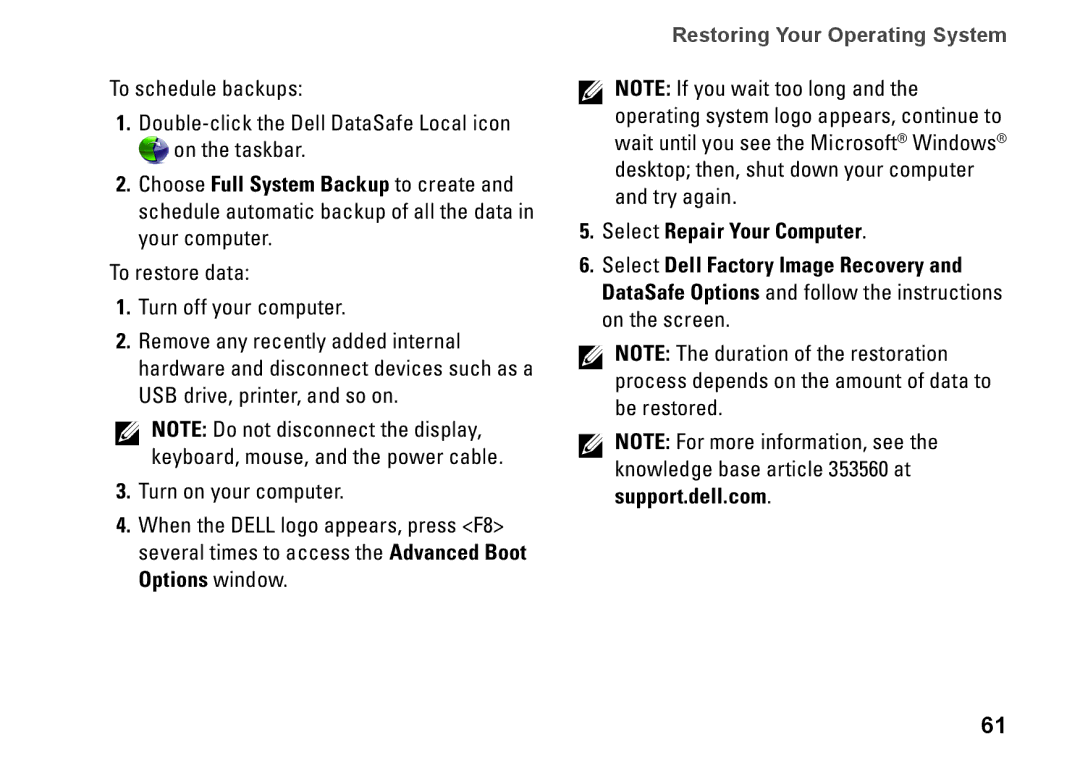 Dell P03G setup guide Restoring Your Operating System 