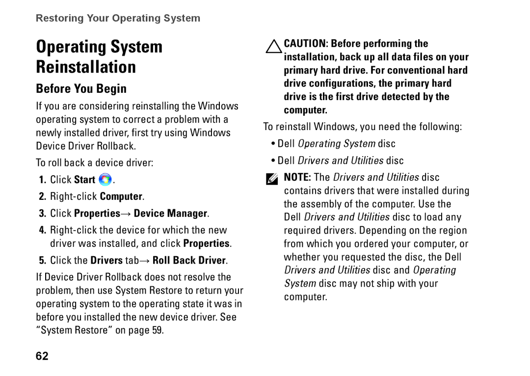 Dell P03G setup guide Operating System Reinstallation, Before You Begin, Click Properties→ Device Manager 