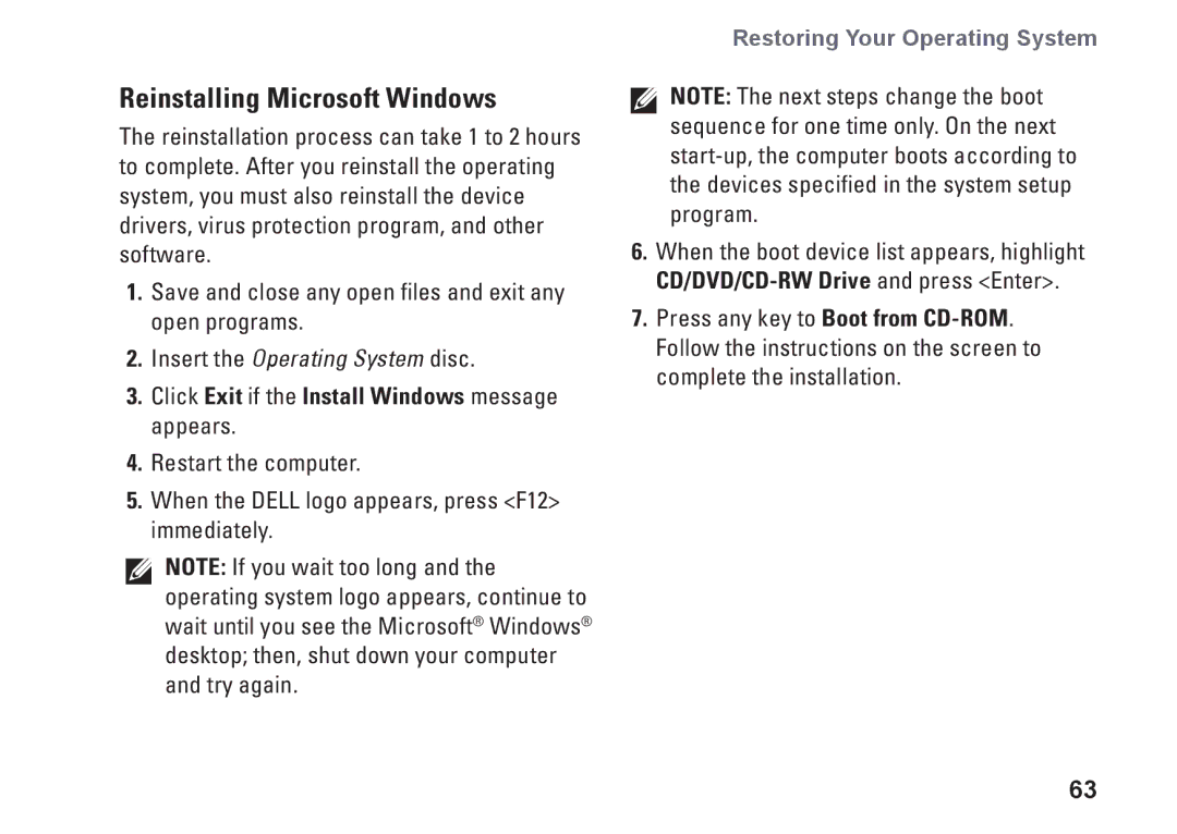 Dell P03G setup guide Reinstalling Microsoft Windows, Click Exit if the Install Windows message appears 