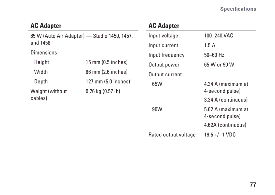 Dell P03G setup guide Auto Air Adapter Studio 1450, 1457, Dimensions Height 