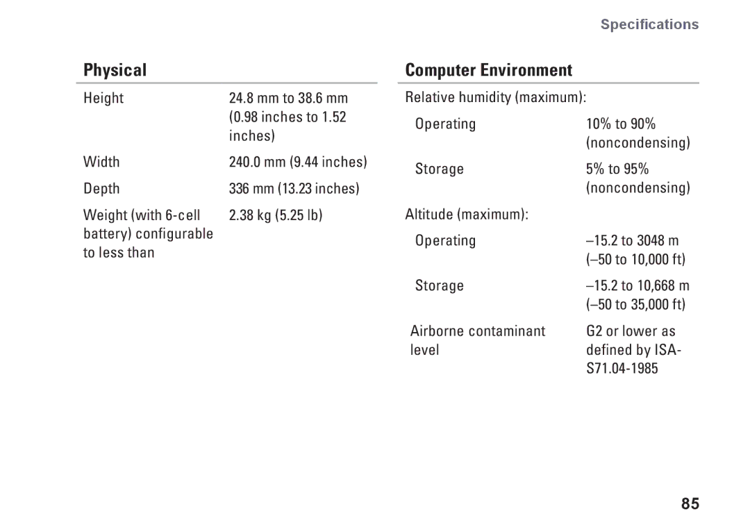 Dell P03G setup guide Physical, Computer Environment 