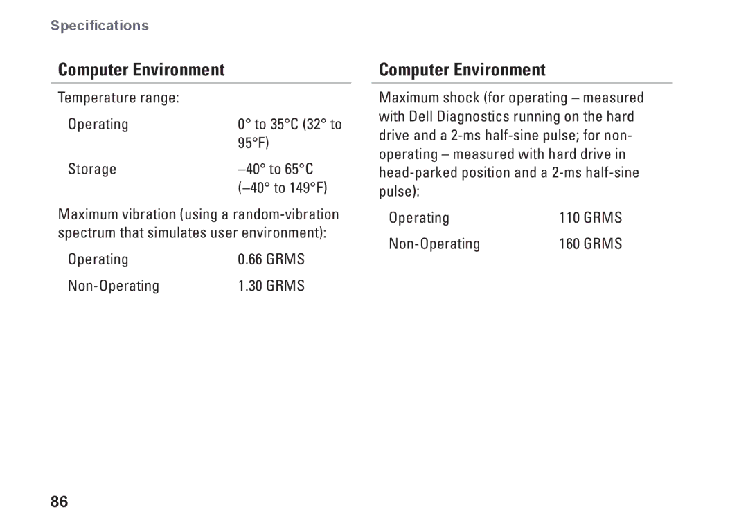 Dell P03G setup guide Temperature range Operating 