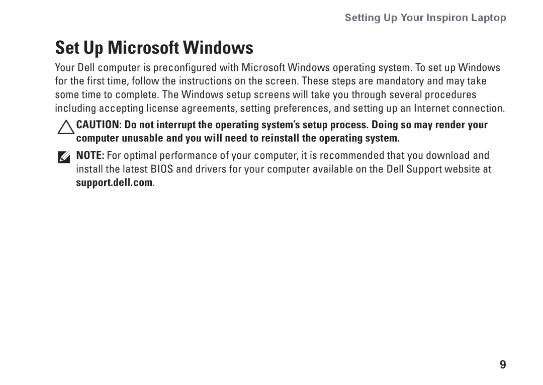 Dell P03T setup guide Set Up Microsoft Windows 