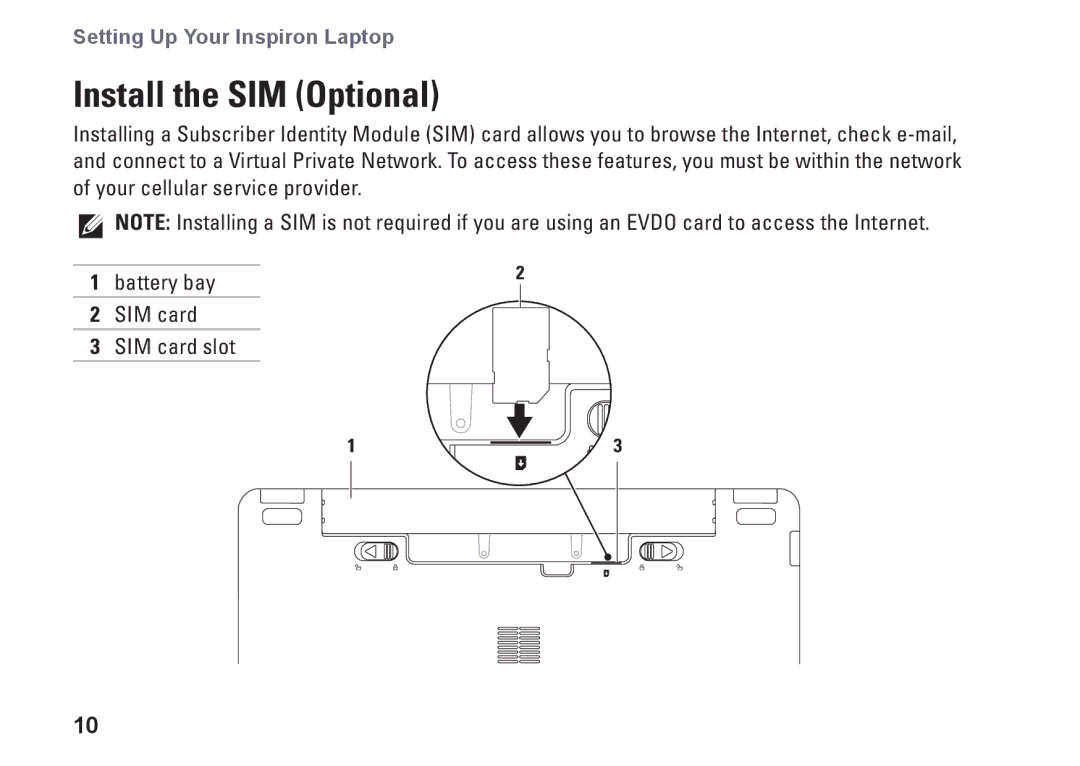 Dell P03T setup guide Install the SIM Optional, Battery bay 