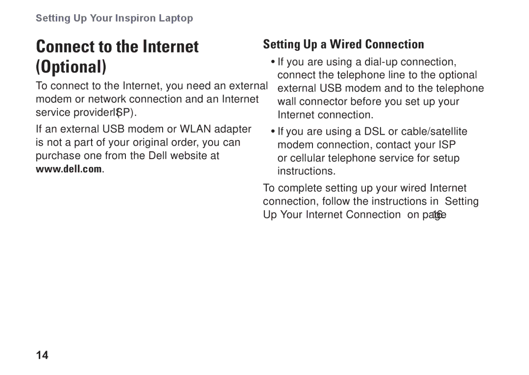 Dell P03T setup guide Connect to the Internet Optional, Setting Up a Wired Connection 