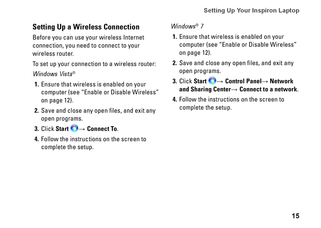 Dell P03T setup guide Setting Up a Wireless Connection, Click Start → Connect To 