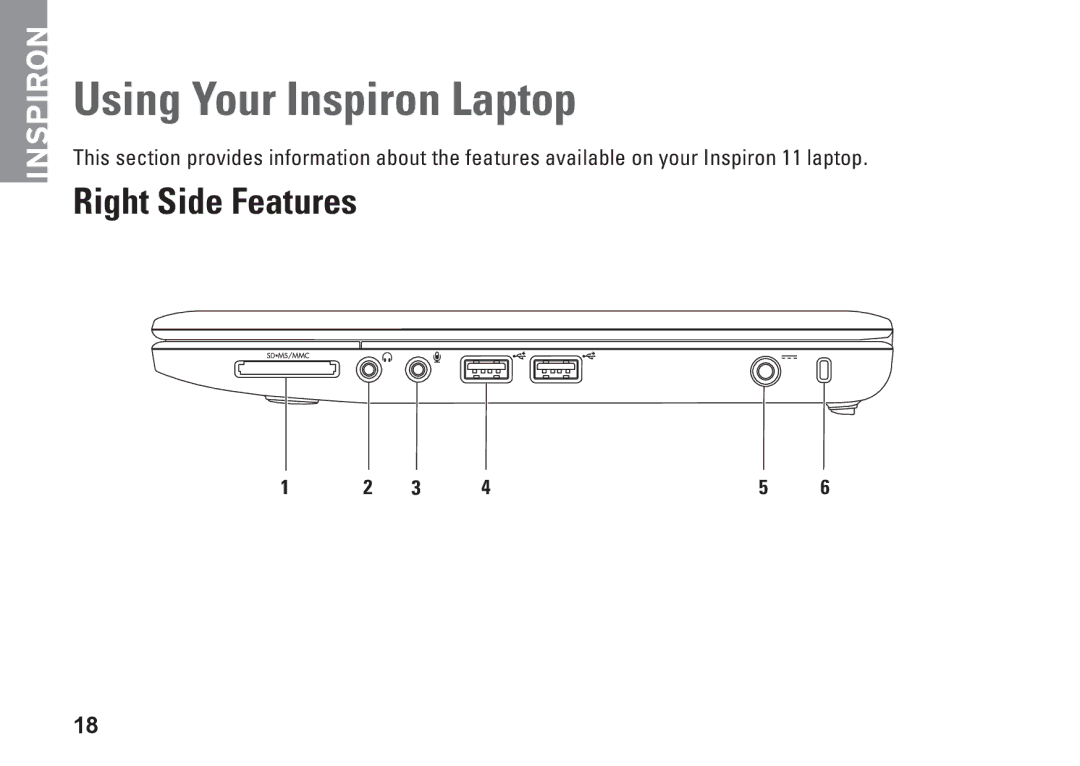 Dell P03T setup guide Using Your Inspiron Laptop, Right Side Features 