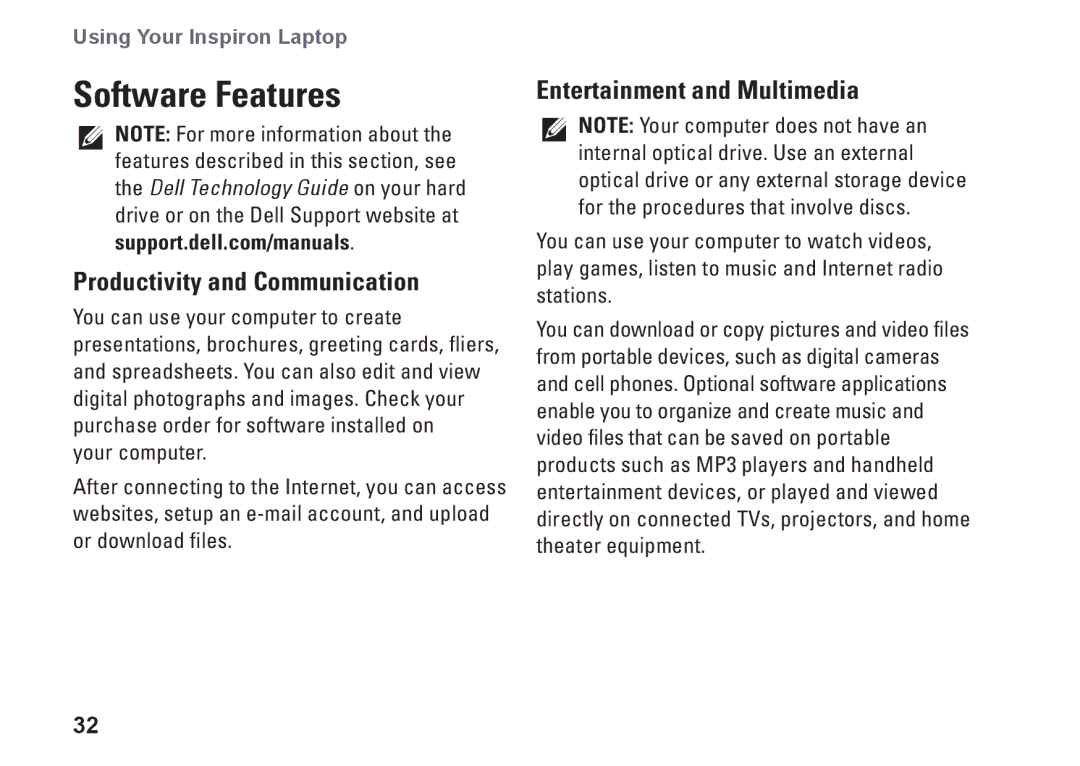 Dell P03T setup guide Software Features, Productivity and Communication, Entertainment and Multimedia 