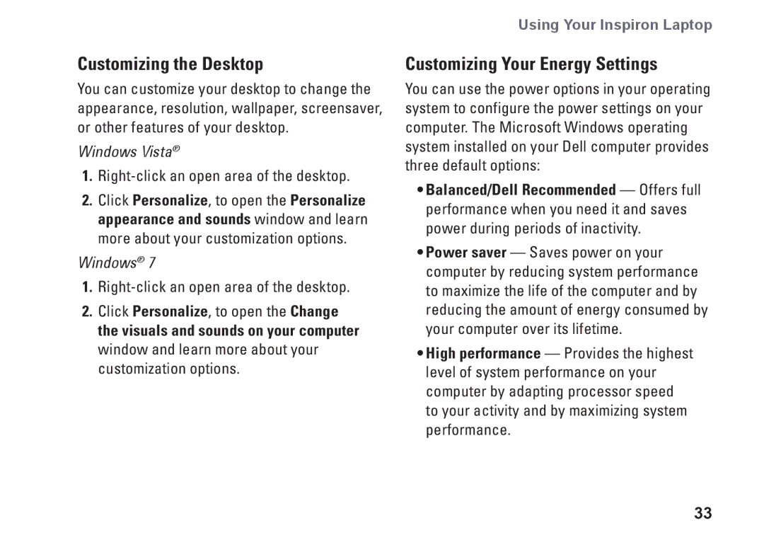 Dell P03T setup guide Customizing the Desktop, Customizing Your Energy Settings 