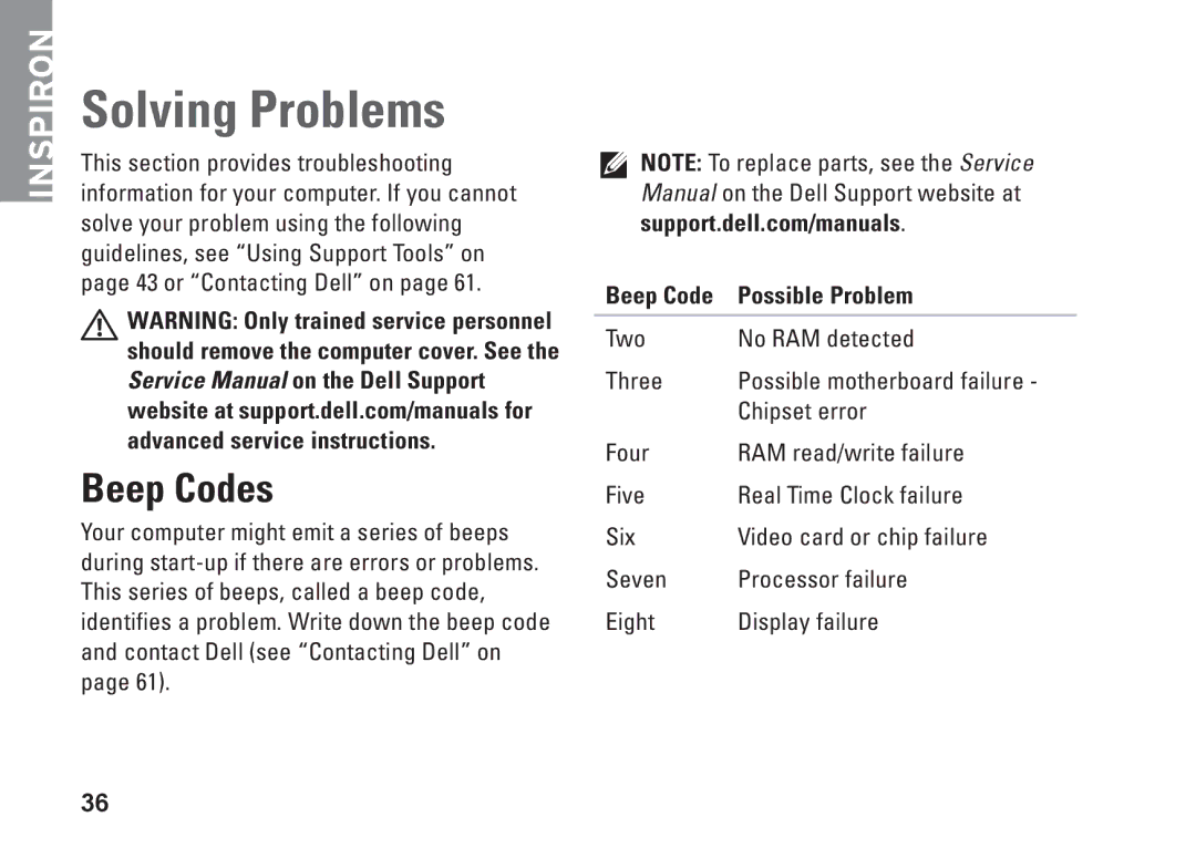 Dell P03T setup guide Solving Problems, Beep Codes, Beep Code Possible Problem 