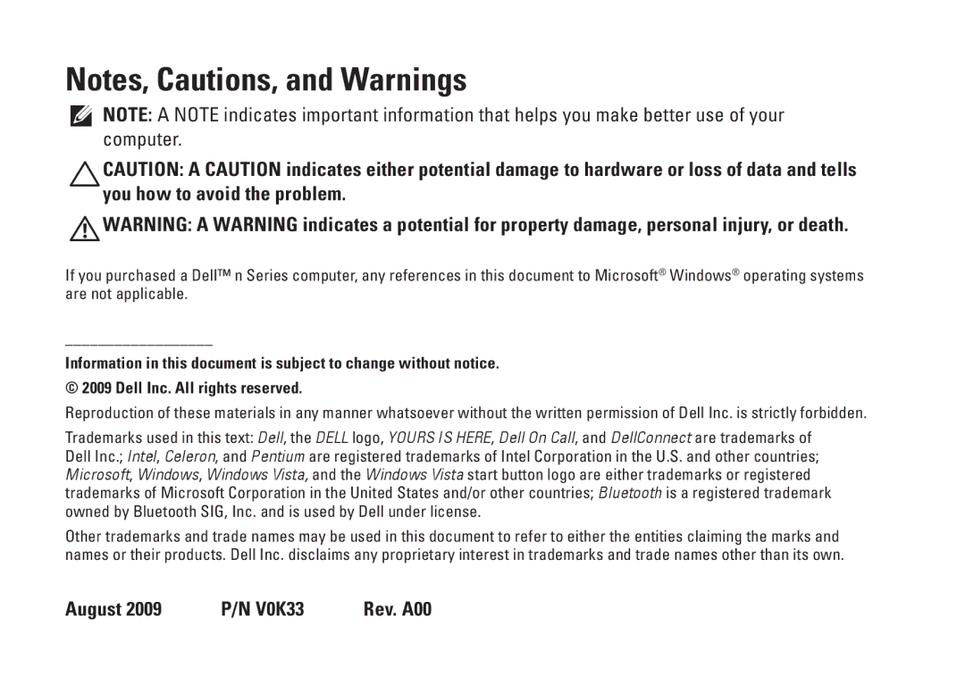 Dell P03T setup guide August 2009 P/N V0K33 Rev. A00 