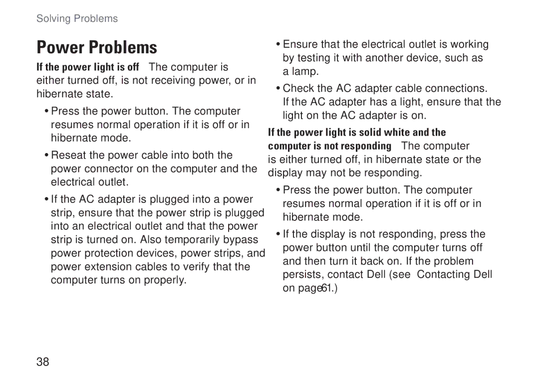 Dell P03T setup guide Power Problems 