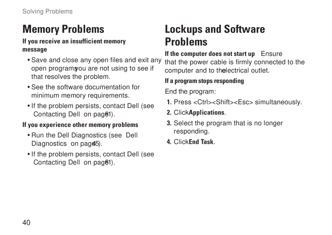 Dell P03T Memory Problems, If you receive an insufficient memory message, If a program stops responding, Click End Task 