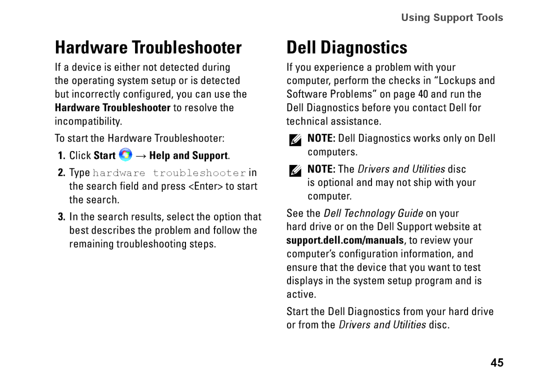 Dell P03T setup guide Hardware Troubleshooter, Dell Diagnostics, Click Start → Help and Support 