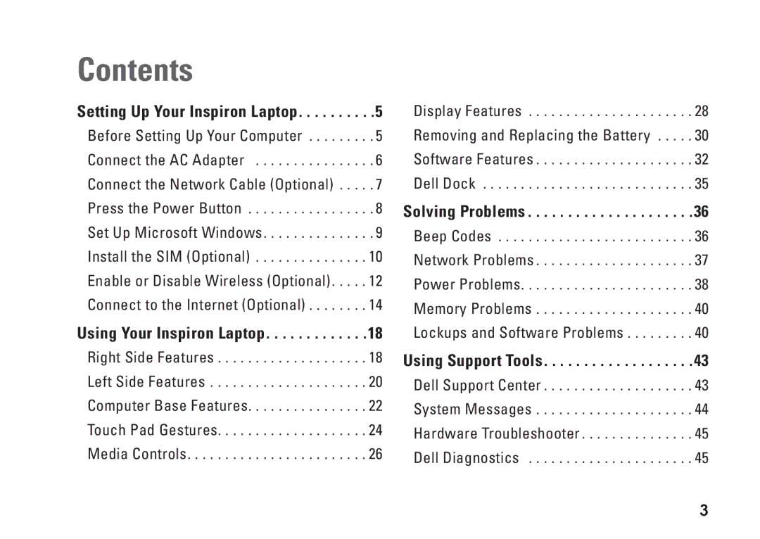 Dell P03T setup guide Contents 