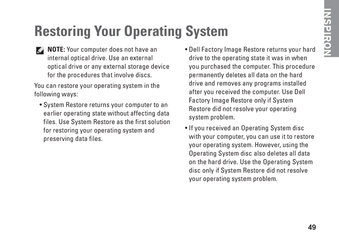 Dell P03T setup guide Restoring Your Operating System 