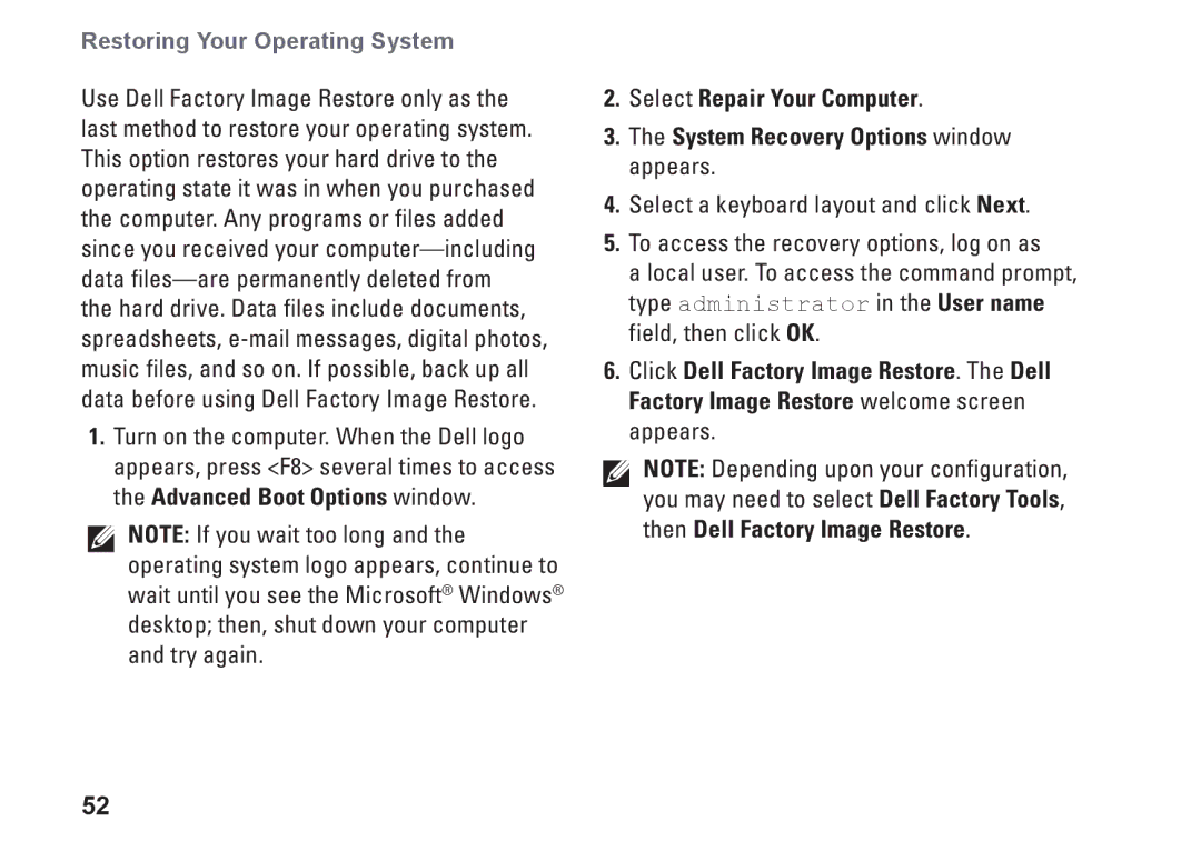 Dell P03T setup guide Restoring Your Operating System 