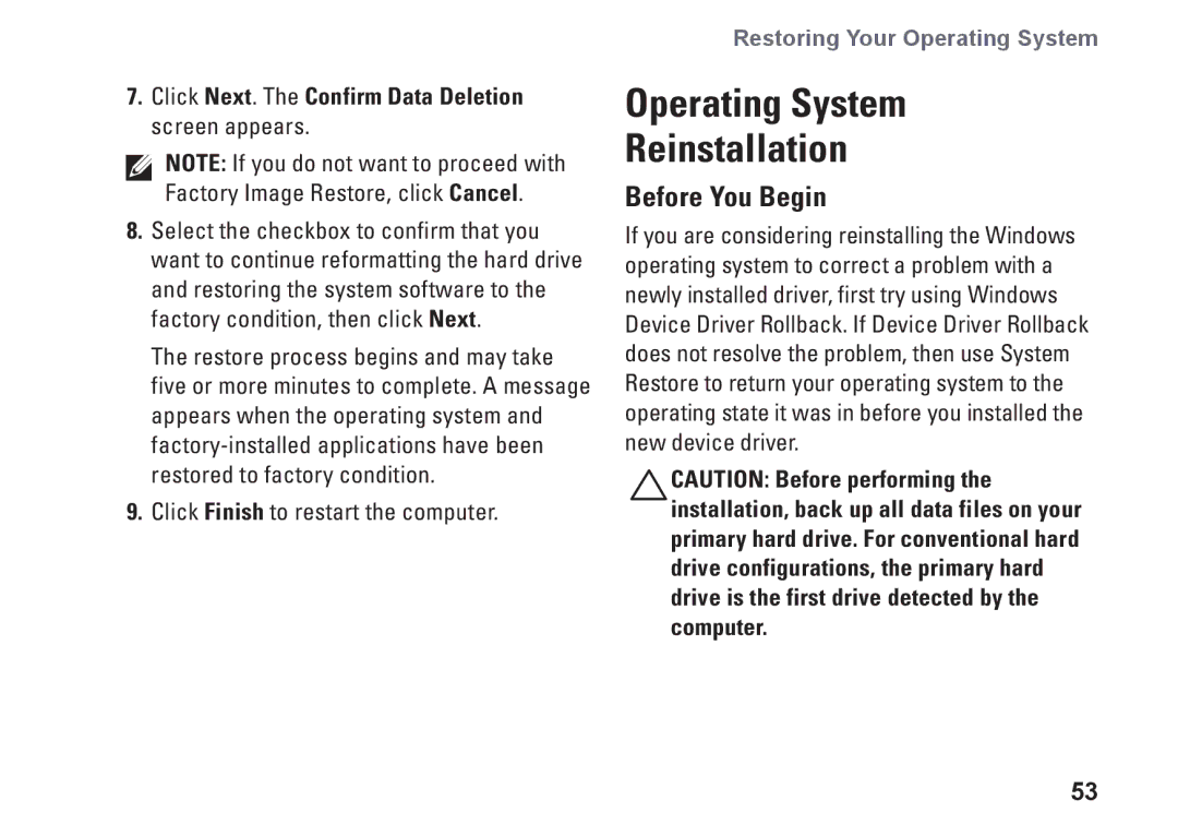 Dell P03T Operating System Reinstallation, Before You Begin, Click Next. The Confirm Data Deletion screen appears 