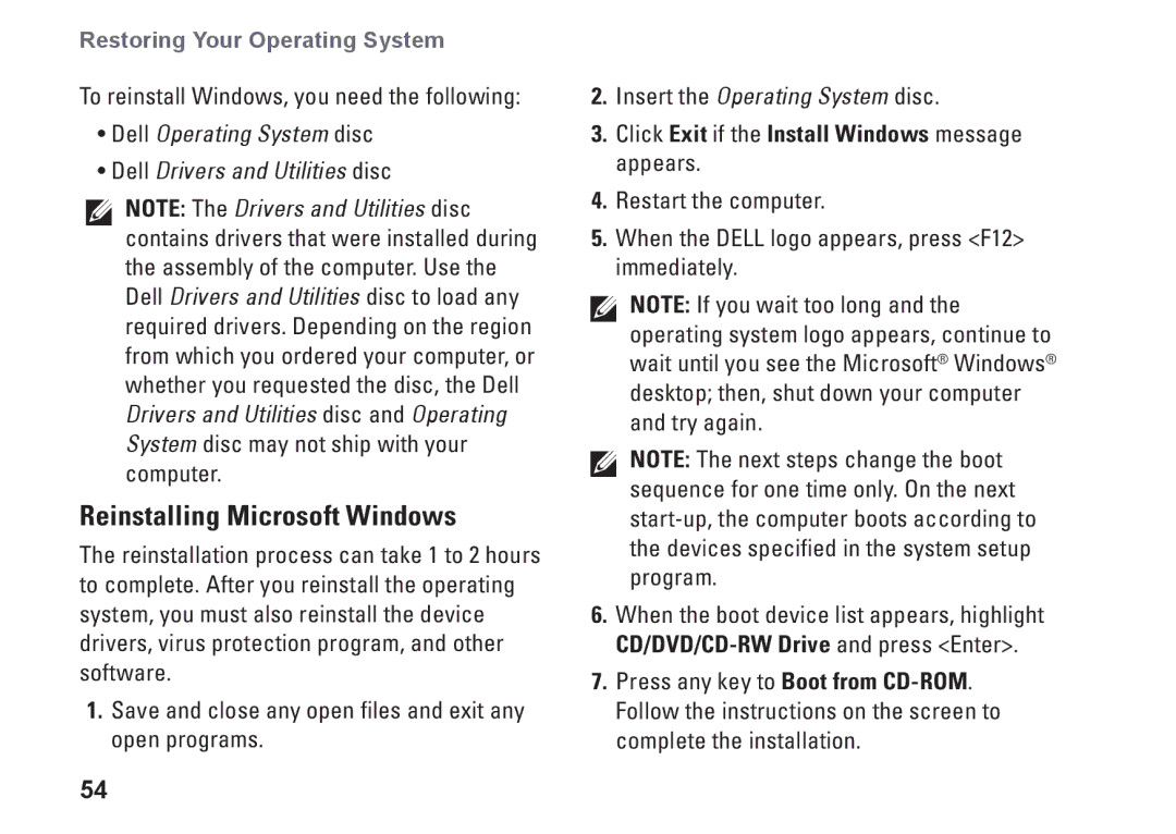 Dell P03T setup guide Reinstalling Microsoft Windows, Click Exit if the Install Windows message appears 