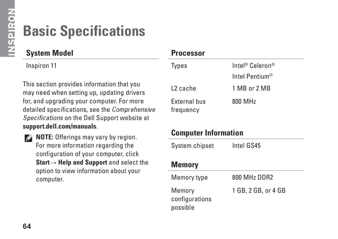 Dell P03T setup guide Basic Specifications, System Model, Processor, Computer Information, Memory 