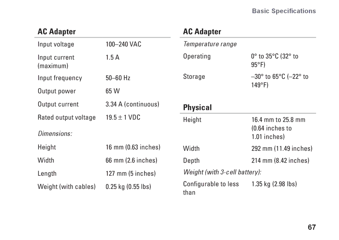 Dell P03T setup guide AC Adapter, Physical 