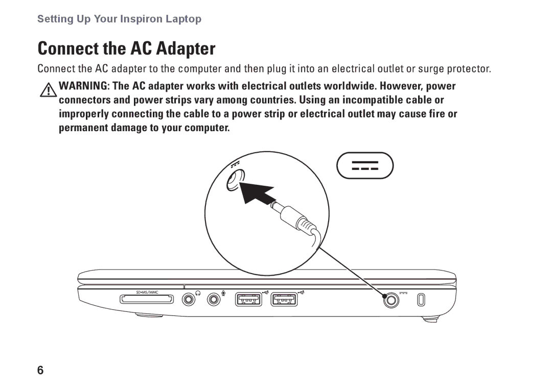 Dell P03T setup guide Connect the AC Adapter 