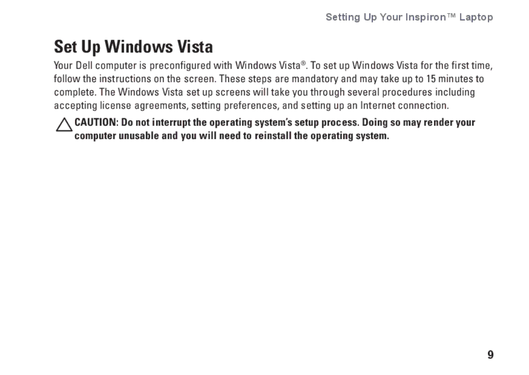 Dell J5MFN, P04E001 setup guide Set Up Windows Vista 