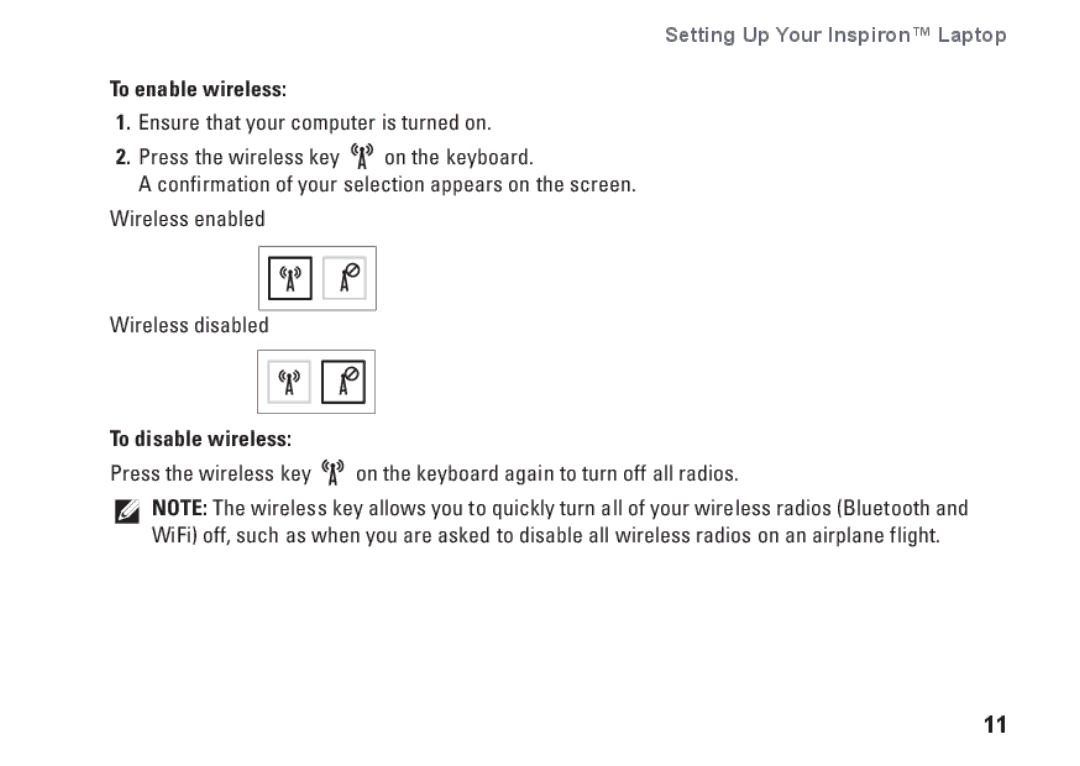 Dell P04E001, J5MFN setup guide To enable wireless, To disable wireless 