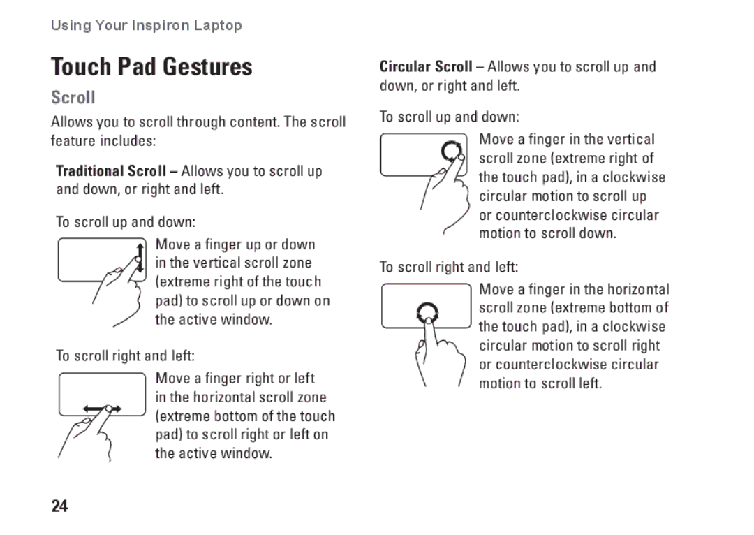 Dell J5MFN, P04E001 setup guide Touch Pad Gestures, Scroll 