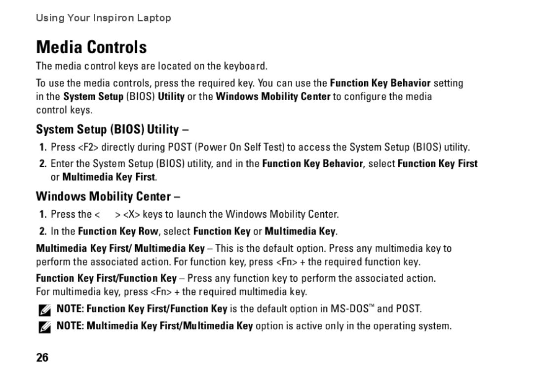 Dell P04E001, J5MFN setup guide Media Controls, System Setup Bios Utility, Windows Mobility Center 