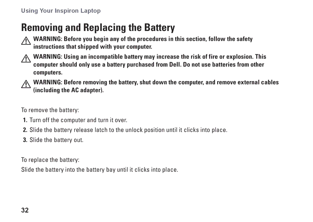 Dell P04E001, J5MFN setup guide Removing and Replacing the Battery 