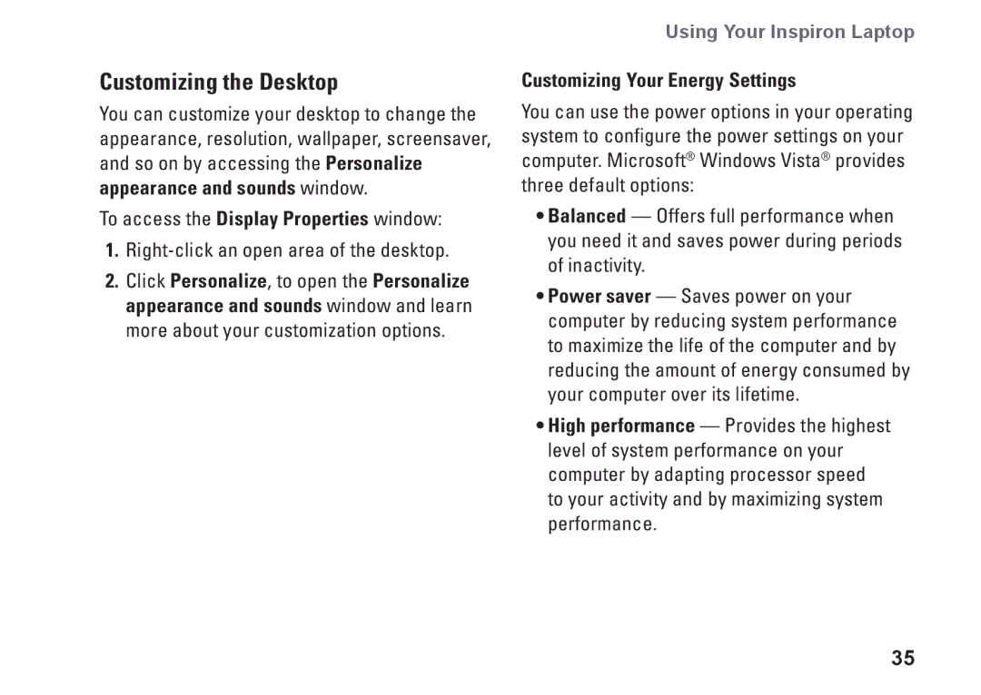 Dell P04E001, J5MFN setup guide Customizing the Desktop, Customizing Your Energy Settings 