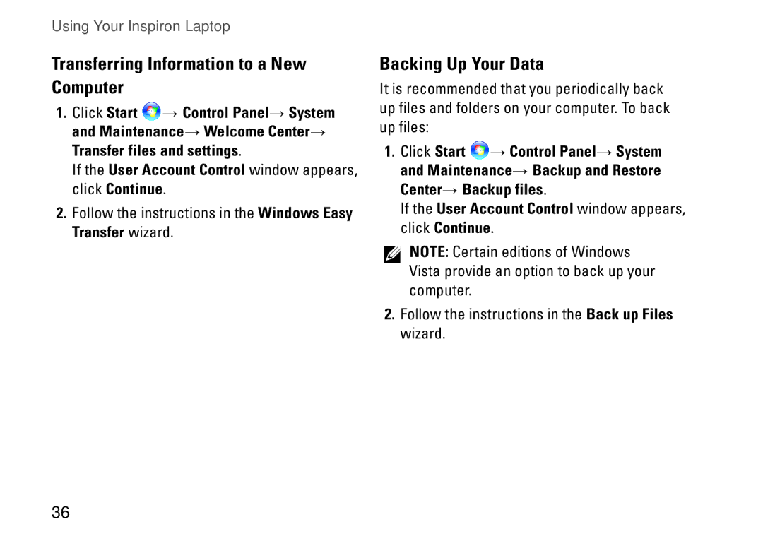 Dell J5MFN, P04E001 setup guide Transferring Information to a New Computer, Backing Up Your Data 