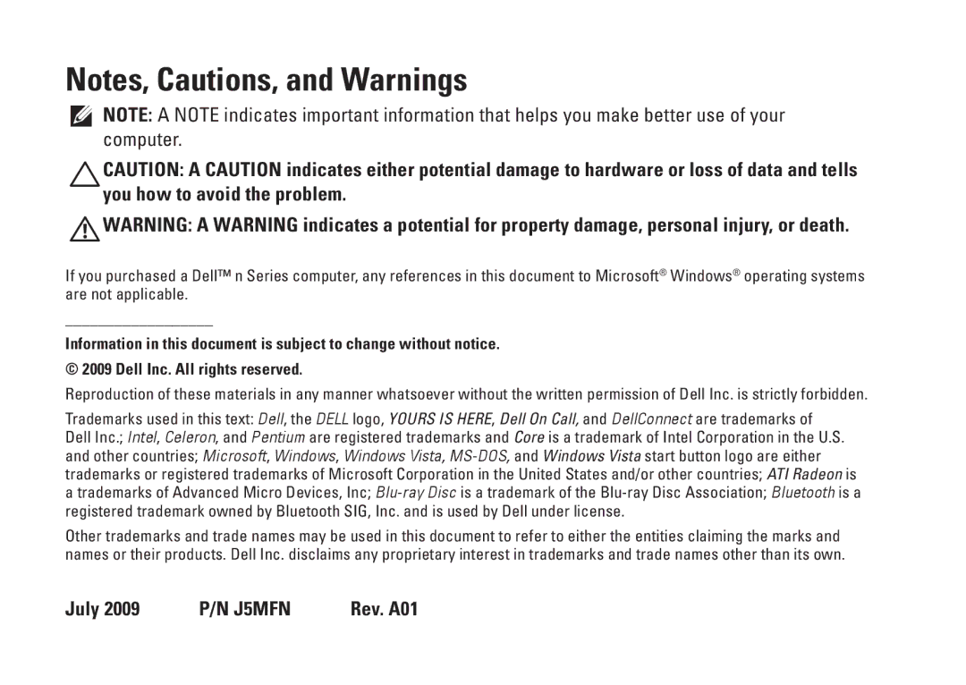 Dell P04E001 setup guide July 2009 P/N J5MFN Rev. A01 