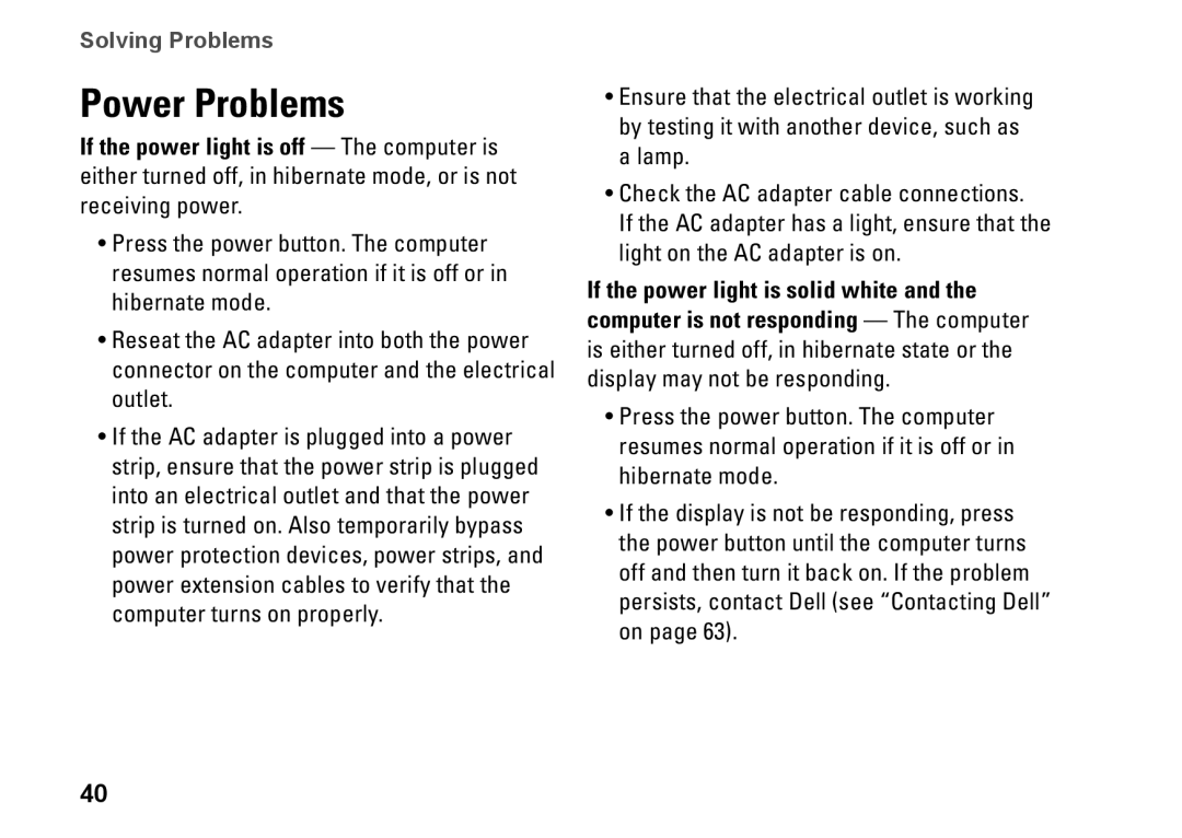 Dell P04E001, J5MFN setup guide Power Problems 