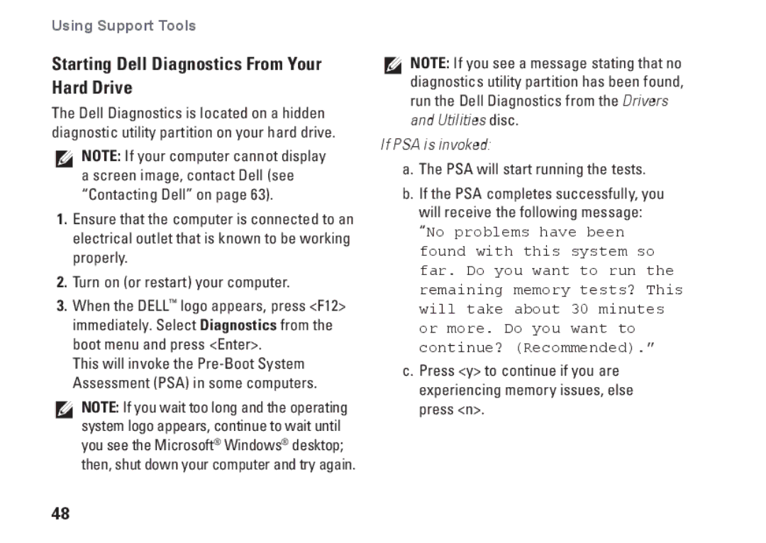 Dell J5MFN, P04E001 setup guide Starting Dell Diagnostics From Your Hard Drive, If PSA is invoked 