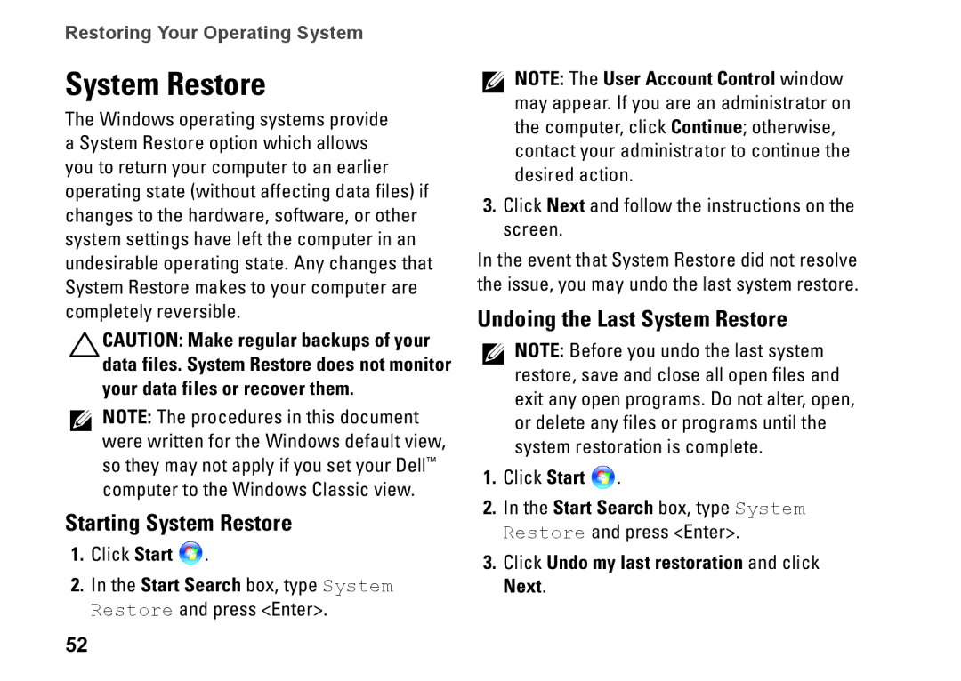 Dell P04E Starting System Restore, Undoing the Last System Restore, Click Undo my last restoration and click Next 