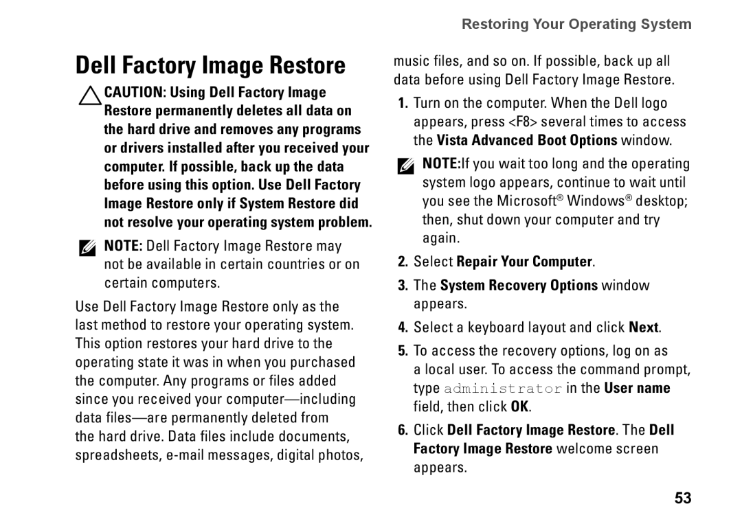 Dell P04E001, J5MFN setup guide Dell Factory Image Restore 