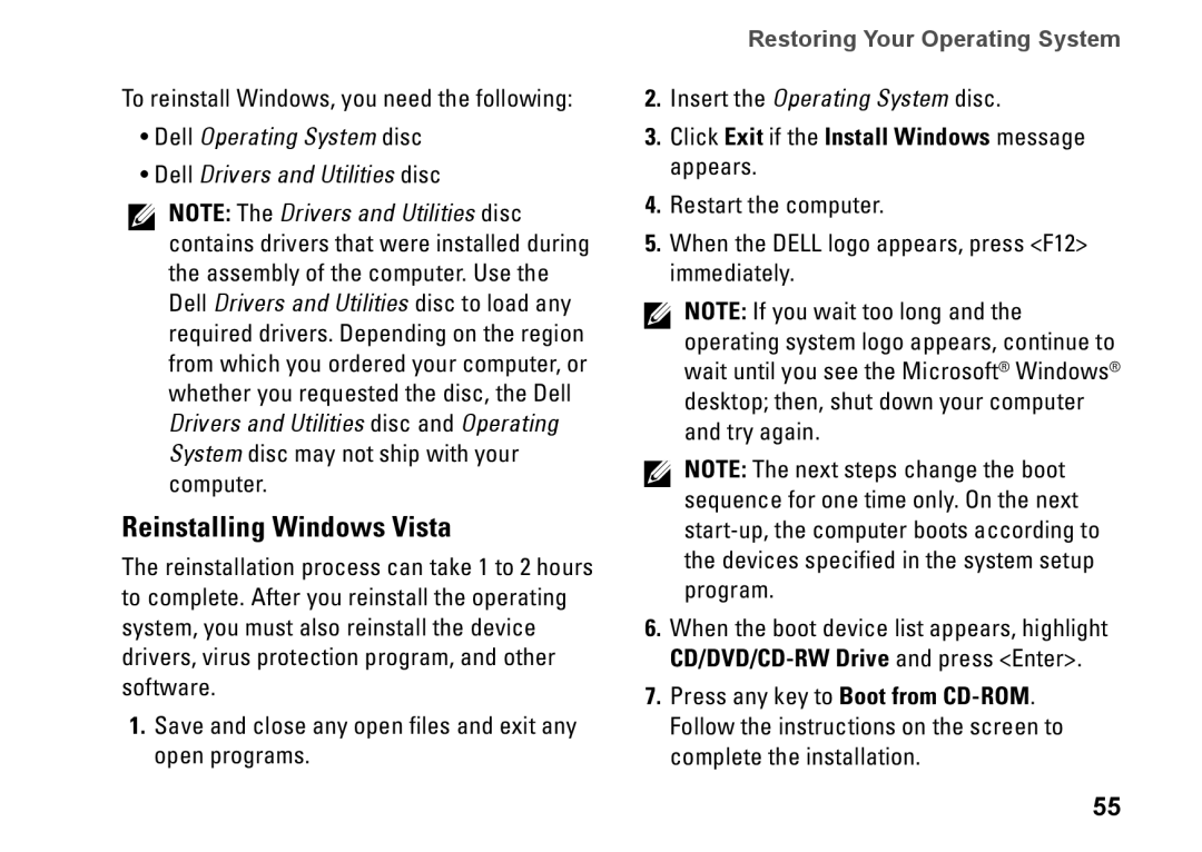 Dell P04E001, J5MFN setup guide Reinstalling Windows Vista, Click Exit if the Install Windows message appears 