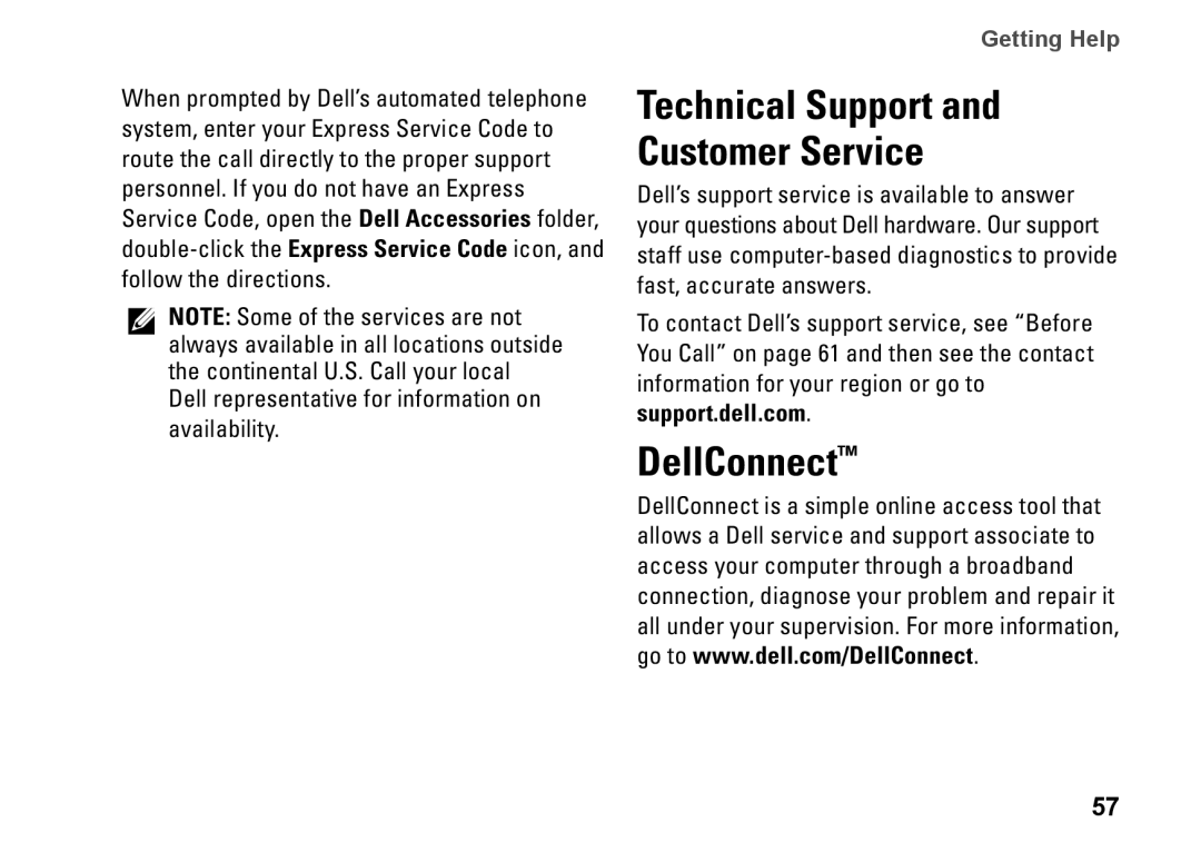 Dell J5MFN, P04E001 setup guide DellConnect, Technical Support and Customer Service 