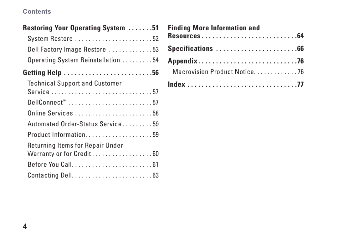 Dell P04E001, J5MFN setup guide Finding More Information Resources Specifications Appendix 